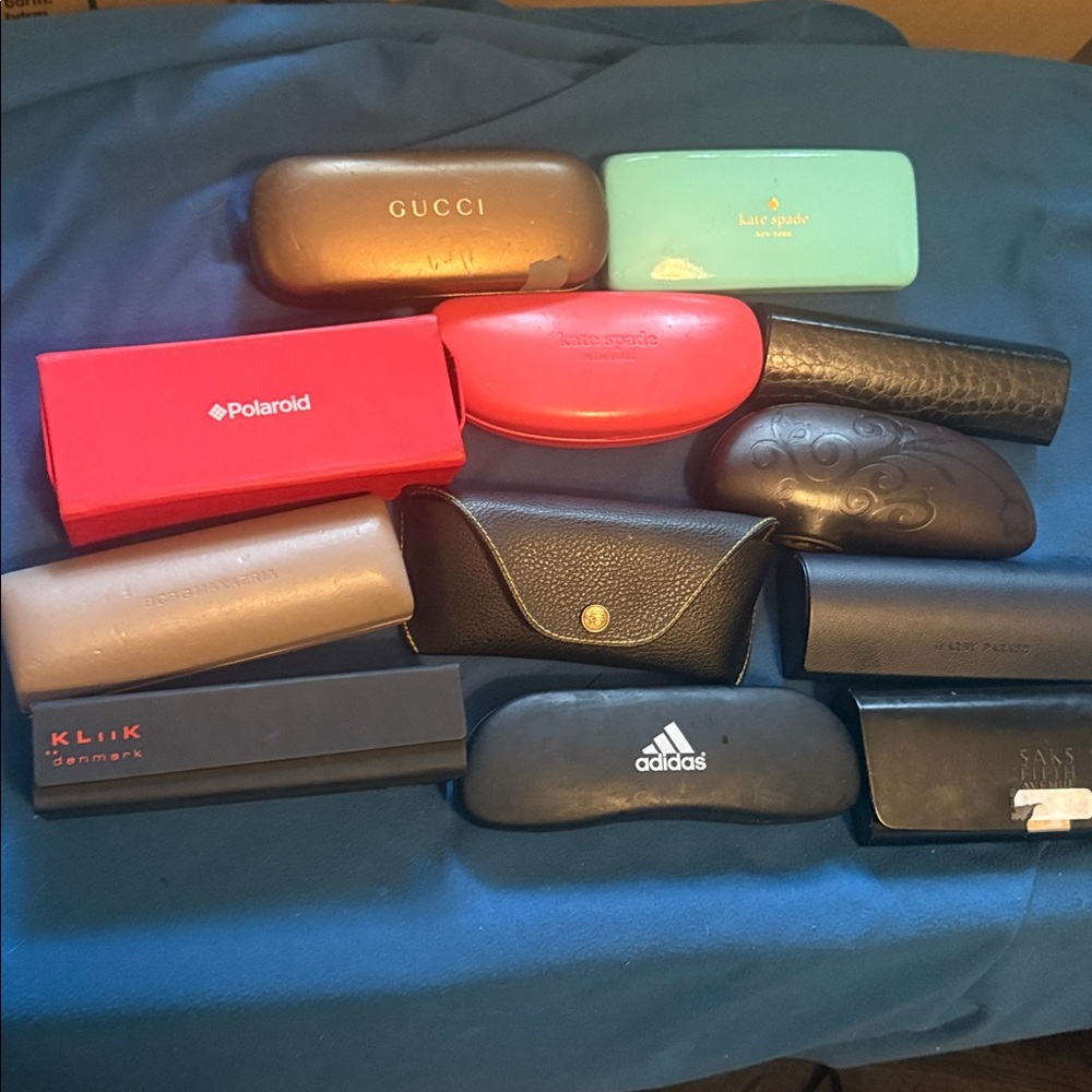 Assorted Eyeglass Cases Collection. Kate Spade Gucci Saks, 5th Ave., Adidas ect